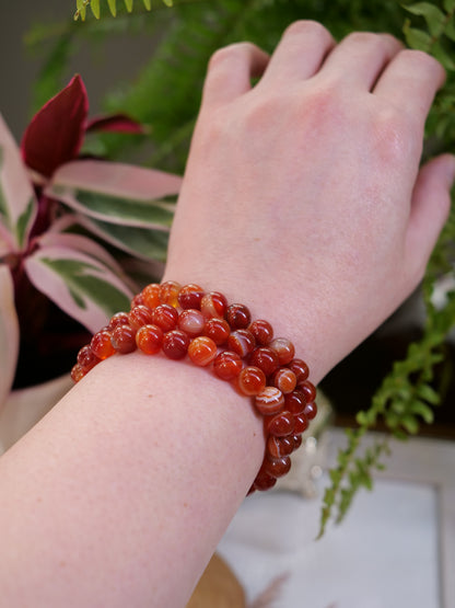 Red Banded 8mm Beaded Natural Gemstone Elastic Bracelet, Genuine Top Grade Gift Jewelry, Men Women Fashion Crystal Energy Jewellery