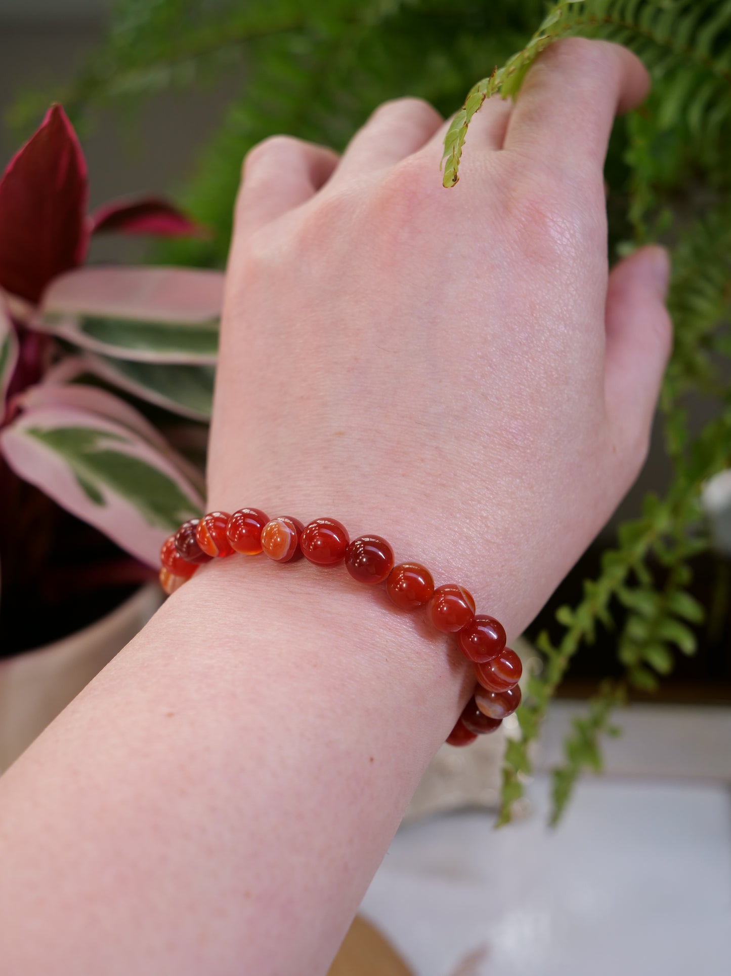 Red Banded 8mm Beaded Natural Gemstone Elastic Bracelet, Genuine Top Grade Gift Jewelry, Men Women Fashion Crystal Energy Jewellery