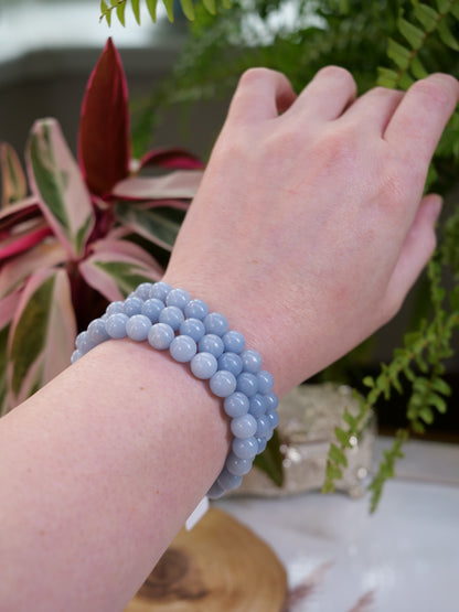 Blue Angelite 8mm Beaded Natural Gemstone Elastic Bracelet, Genuine Top Grade Gift Jewelry, Men Women Fashion Crystal Energy Jewellery