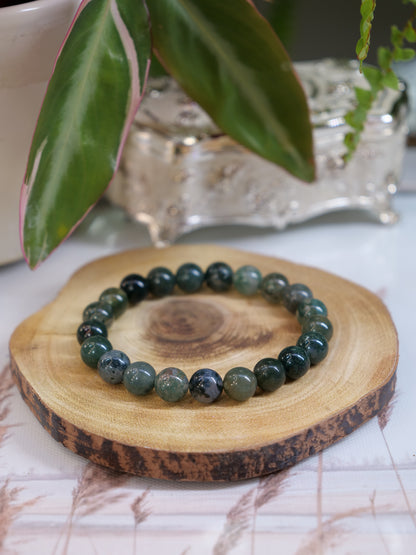 Moss Agate 8mm Beaded Natural Gemstone Elastic Bracelet, Genuine Top Grade Gift Jewelry, Men Women Fashion Crystal Energy Jewellery