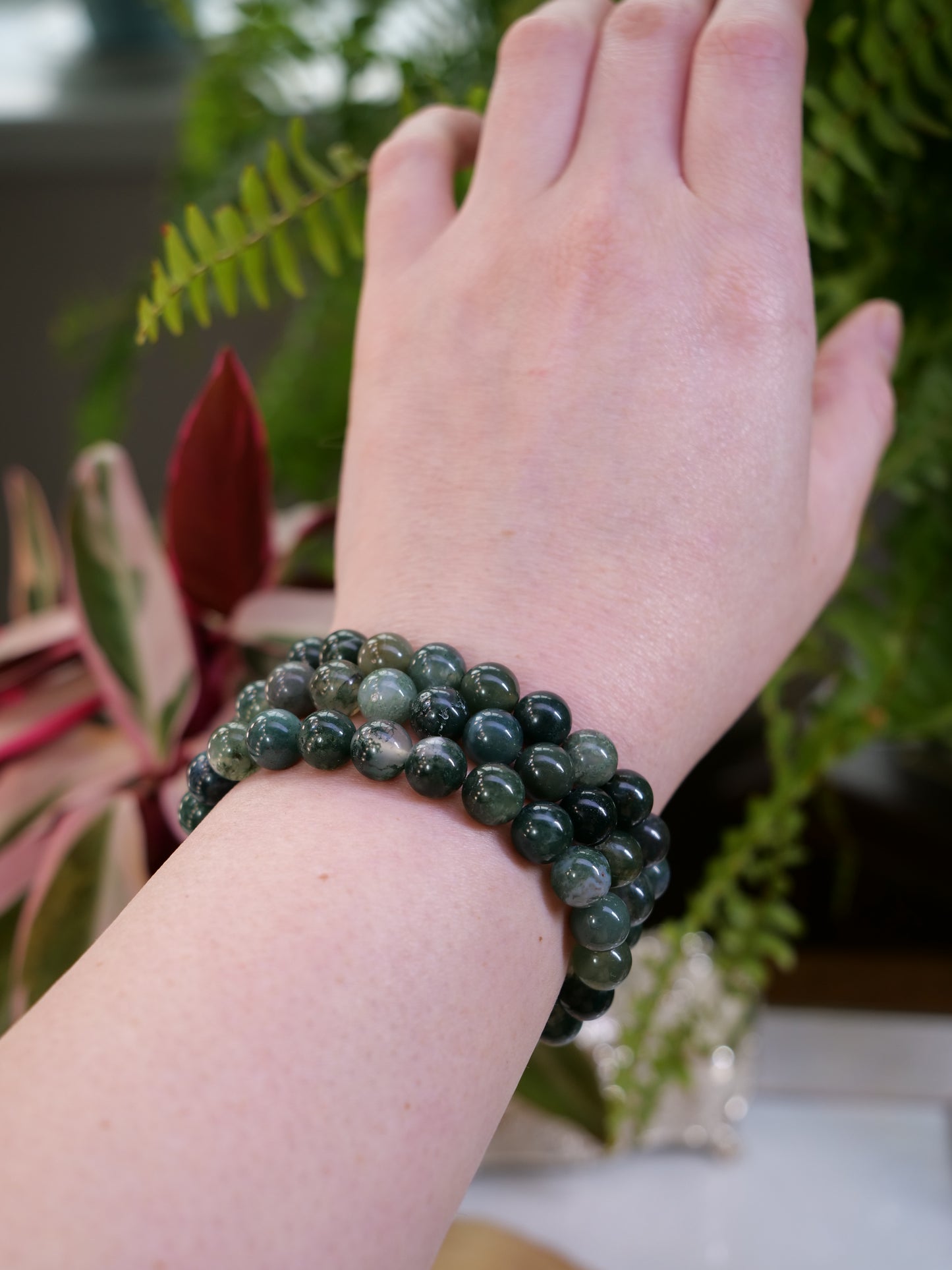 Moss Agate 8mm Beaded Natural Gemstone Elastic Bracelet, Genuine Top Grade Gift Jewelry, Men Women Fashion Crystal Energy Jewellery