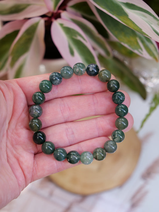 Moss Agate 8mm Beaded Natural Gemstone Elastic Bracelet, Genuine Top Grade Gift Jewelry, Men Women Fashion Crystal Energy Jewellery