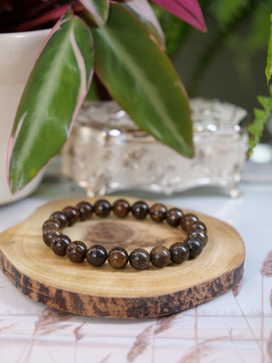 Bronzite 8mm Beaded Natural Gemstone Elastic Bracelet, Genuine Top Grade Gift Jewelry, Men Women Fashion Crystal Energy Jewellery