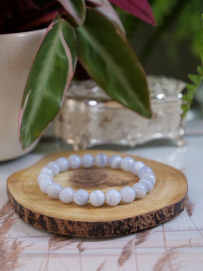 Blue Lace Agate 8mm Beaded Natural Gemstone Elastic Bracelet, Genuine Top Grade Gift Jewelry, Men Women Fashion Crystal Energy Jewellery