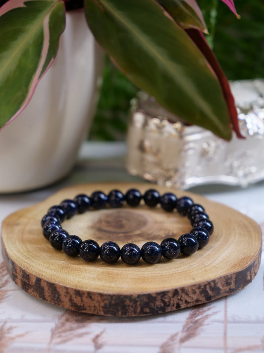 Blue Goldstone 8mm Beaded Gemstone Elastic Bracelet, Genuine Top Grade Gift Jewelry, Men Women Fashion Crystal Energy Jewellery