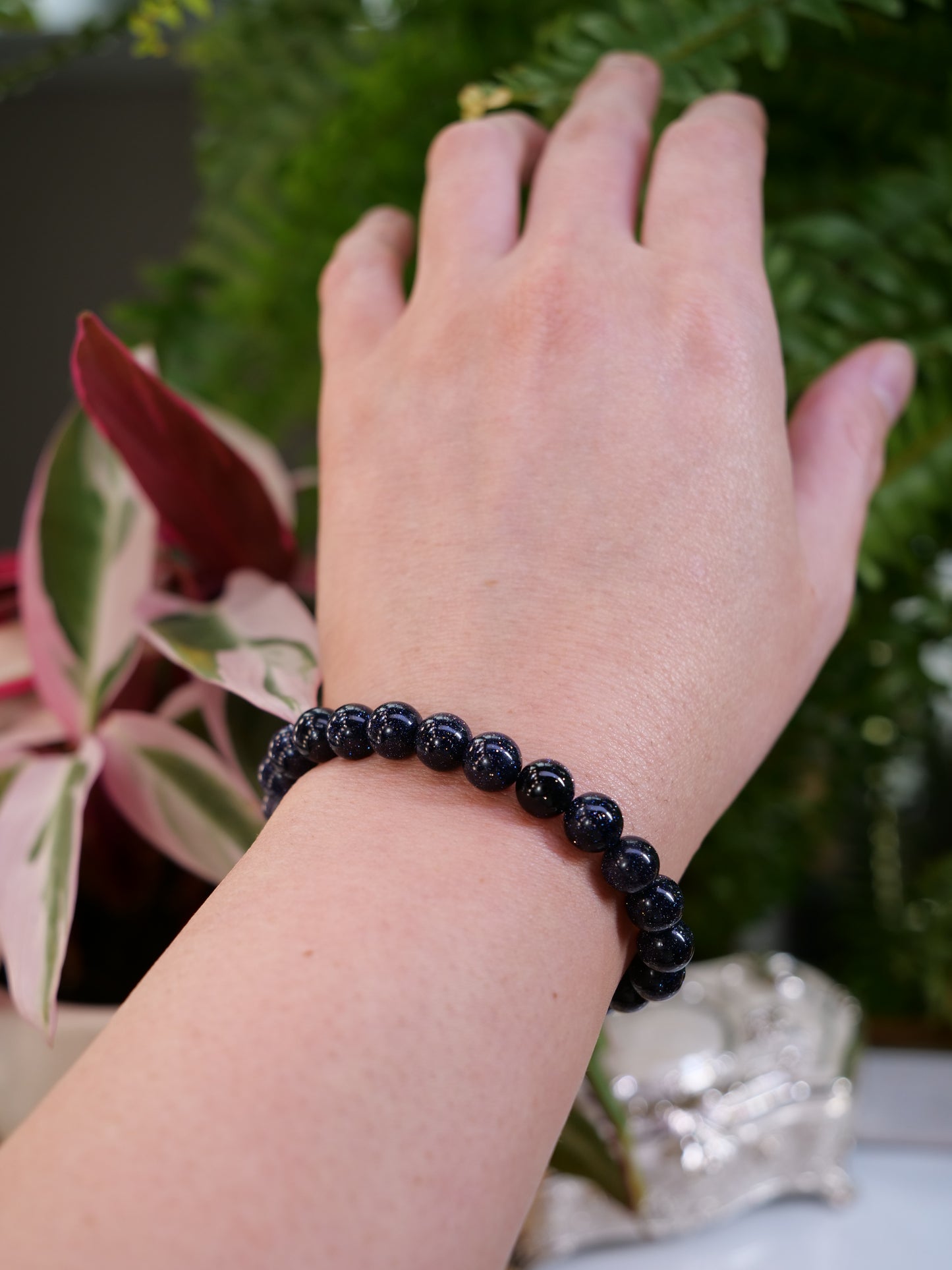 Blue Goldstone 8mm Beaded Gemstone Elastic Bracelet, Genuine Top Grade Gift Jewelry, Men Women Fashion Crystal Energy Jewellery