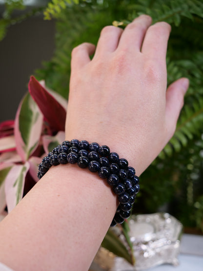 Blue Goldstone 8mm Beaded Gemstone Elastic Bracelet, Genuine Top Grade Gift Jewelry, Men Women Fashion Crystal Energy Jewellery