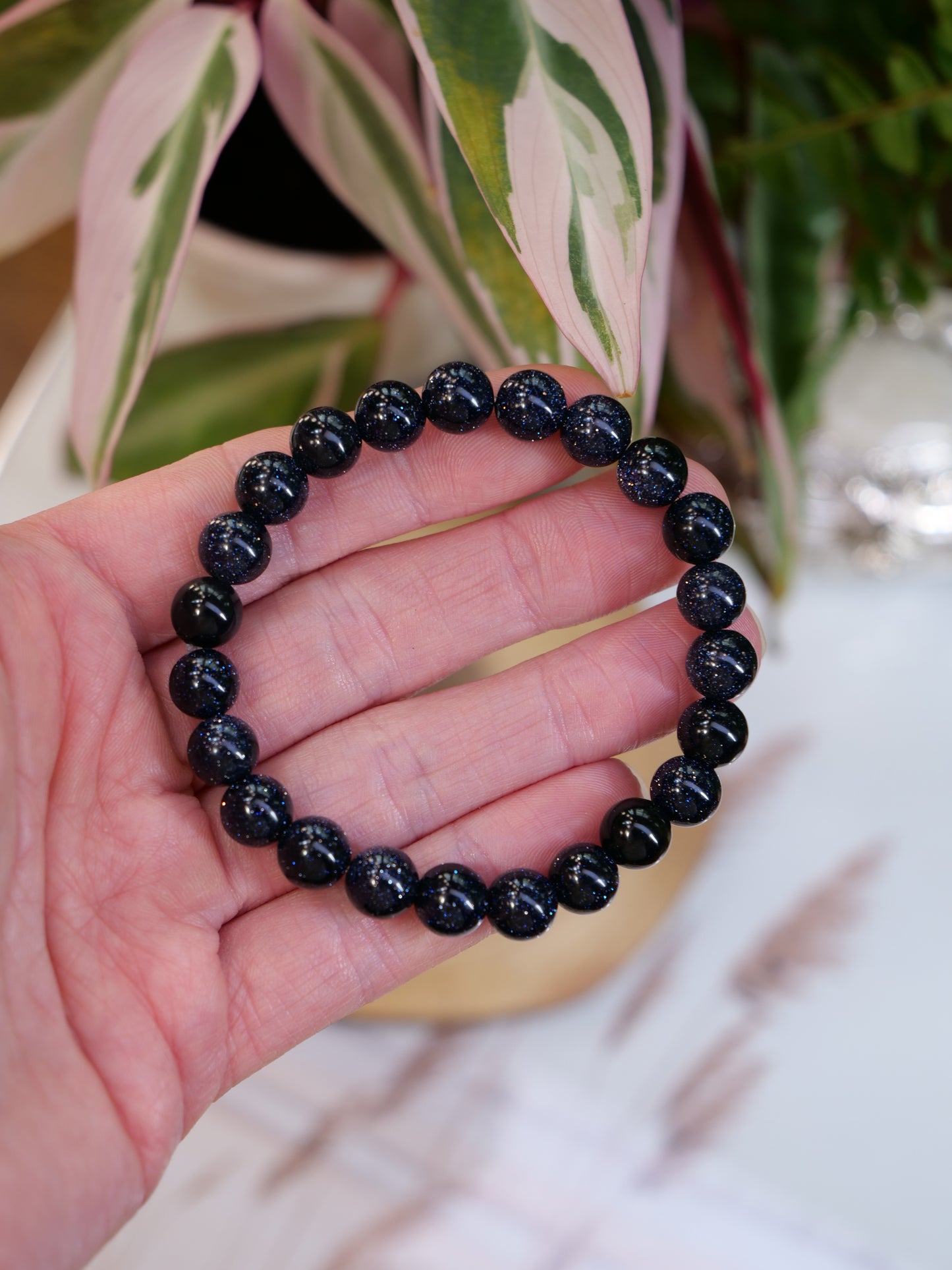 Blue Goldstone 8mm Beaded Gemstone Elastic Bracelet, Genuine Top Grade Gift Jewelry, Men Women Fashion Crystal Energy Jewellery