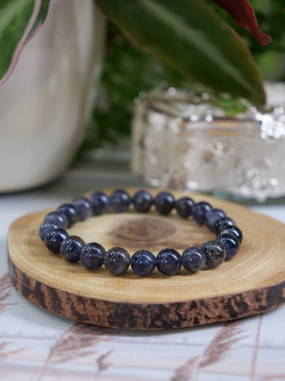 Iolite 8mm Beaded Natural Gemstone Elastic Bracelet, Genuine Top Grade Gift Jewelry, Men Women Fashion Crystal Energy Jewellery