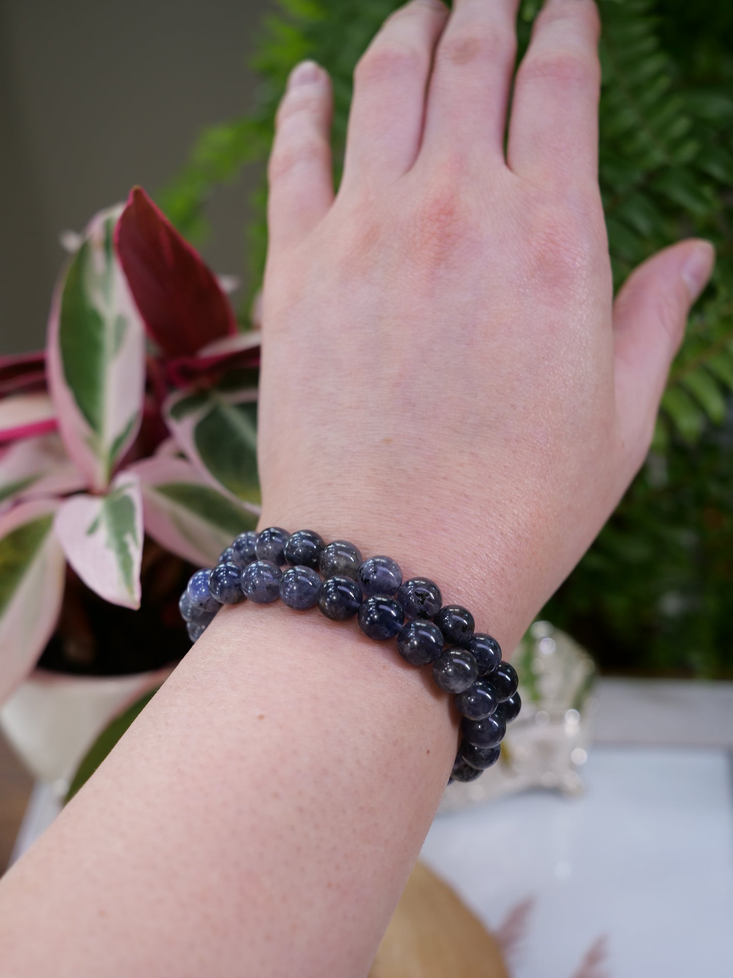 Iolite 8mm Beaded Natural Gemstone Elastic Bracelet, Genuine Top Grade Gift Jewelry, Men Women Fashion Crystal Energy Jewellery