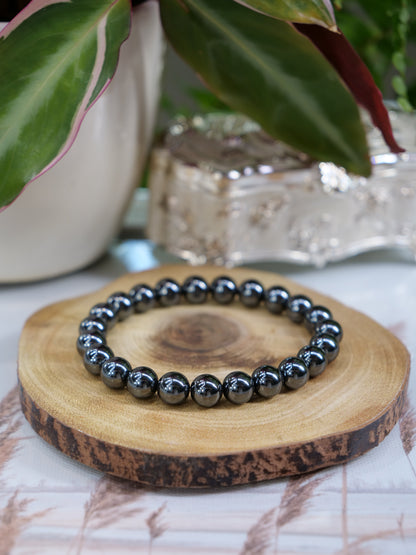 Hematite 8mm Beaded Natural Gemstone Elastic Bracelet, Genuine Top Grade Gift Jewelry, Men Women Fashion Crystal Energy Jewellery