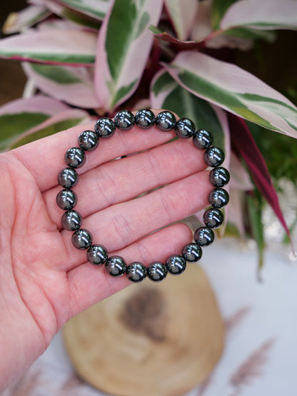 Hematite 8mm Beaded Natural Gemstone Elastic Bracelet, Genuine Top Grade Gift Jewelry, Men Women Fashion Crystal Energy Jewellery