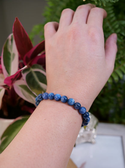 Blue Kyanite 8mm Beaded Natural Gemstone Elastic Bracelet, Genuine Top Grade Gift Jewelry, Men Women Fashion Crystal Energy Jewellery