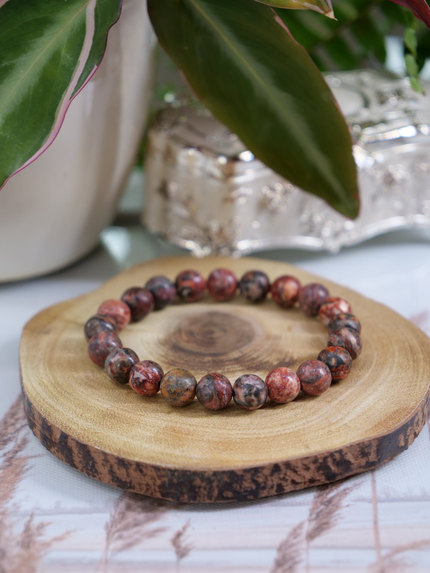 Leopardskin Jasper 8mm Beaded Natural Gemstone Elastic Bracelet, Genuine Top Grade Gift Jewelry, Men Women Fashion Crystal Energy Jewellery