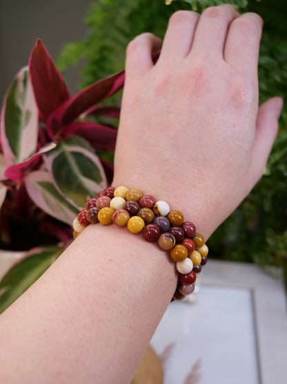 Mookaite Jasper 8mm Beaded Natural Gemstone Elastic Bracelet, Genuine Top Grade Gift Jewelry, Men Women Fashion Crystal Energy Jewellery