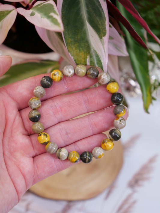 Bumble Bee 8mm Beaded Natural Gemstone Elastic Bracelet, Genuine Top Grade Gift Jewelry, Men Women Fashion Crystal Energy Jewellery