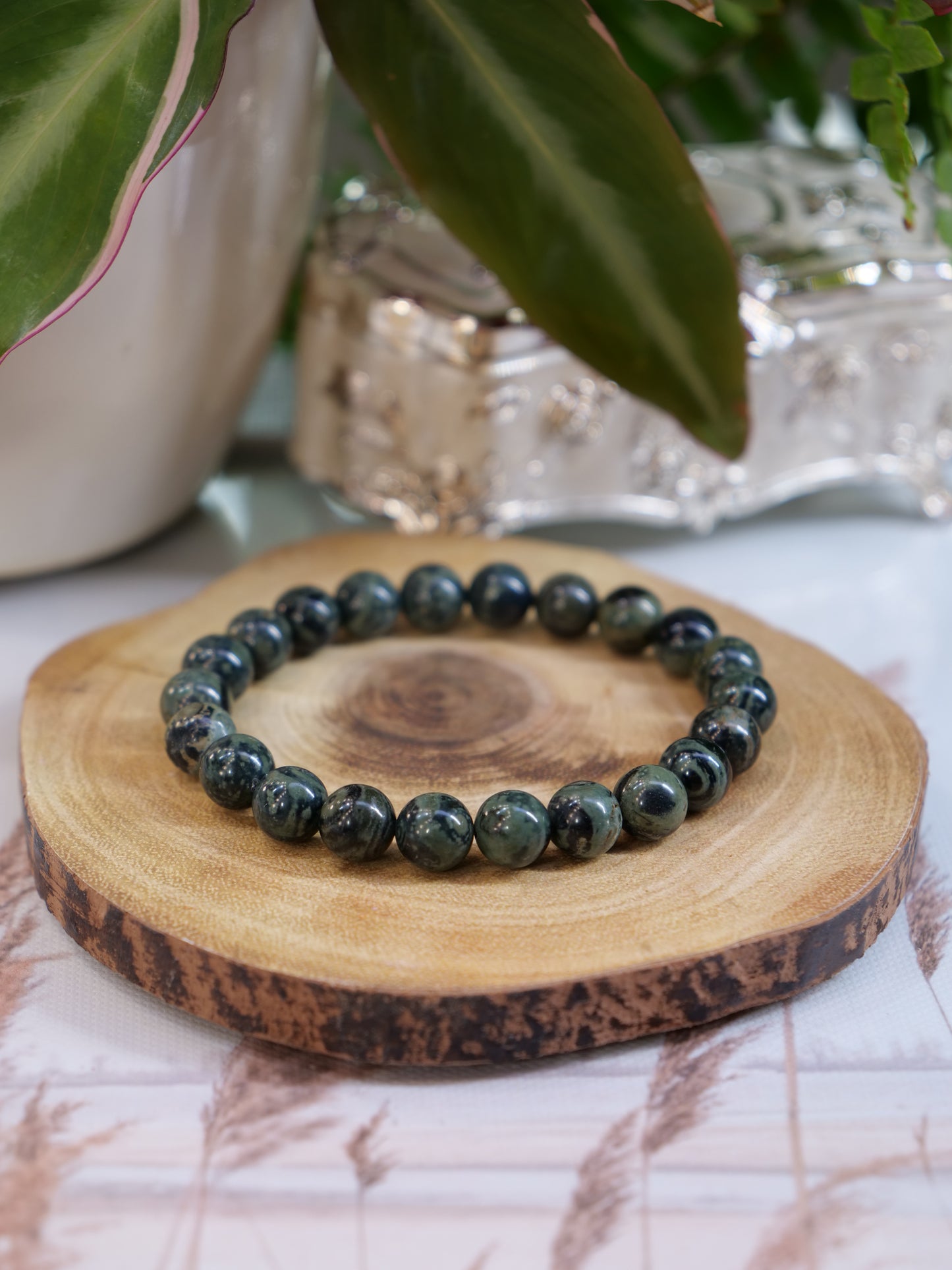 Kambaba Jasper8mm Beaded Natural Gemstone Elastic Bracelet, Genuine Top Grade Gift Jewelry, Men Women Fashion Crystal Energy Jewellery