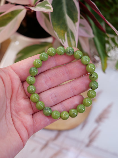 Nephrite 8mm Beaded Natural Gemstone Elastic Bracelet, Genuine Top Grade Gift Jewelry, Men Women Fashion Crystal Energy Jewellery