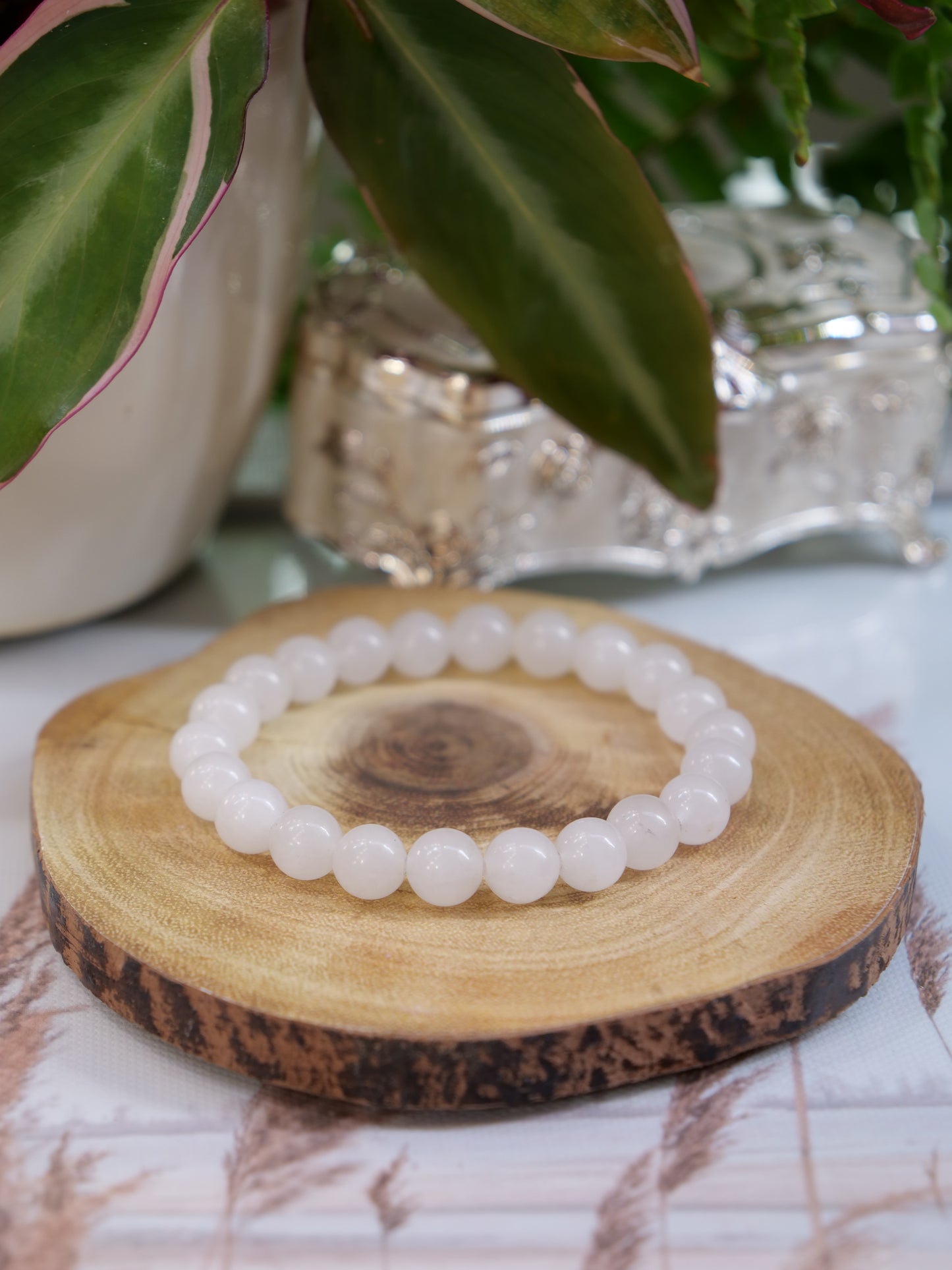 White Jade 8mm Beaded Natural Gemstone Elastic Bracelet, Genuine Top Grade Gift Jewelry, Men Women Fashion Crystal Energy Jewellery