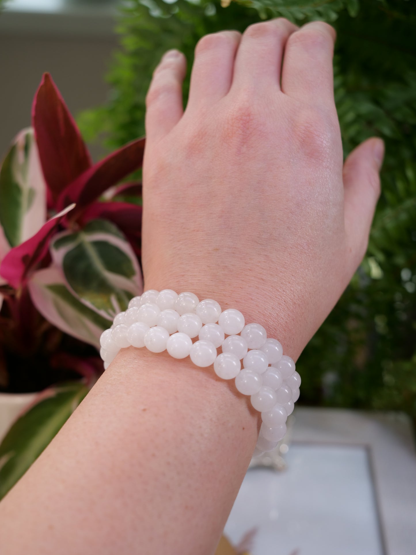 White Jade 8mm Beaded Natural Gemstone Elastic Bracelet, Genuine Top Grade Gift Jewelry, Men Women Fashion Crystal Energy Jewellery