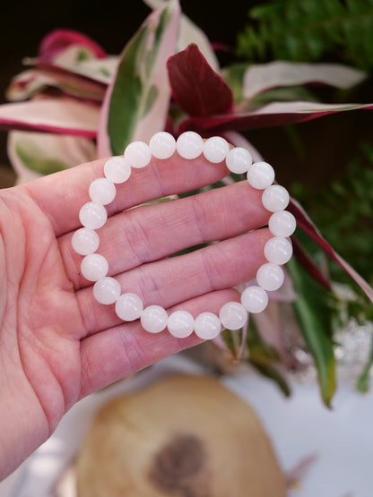 White Jade 8mm Beaded Natural Gemstone Elastic Bracelet, Genuine Top Grade Gift Jewelry, Men Women Fashion Crystal Energy Jewellery