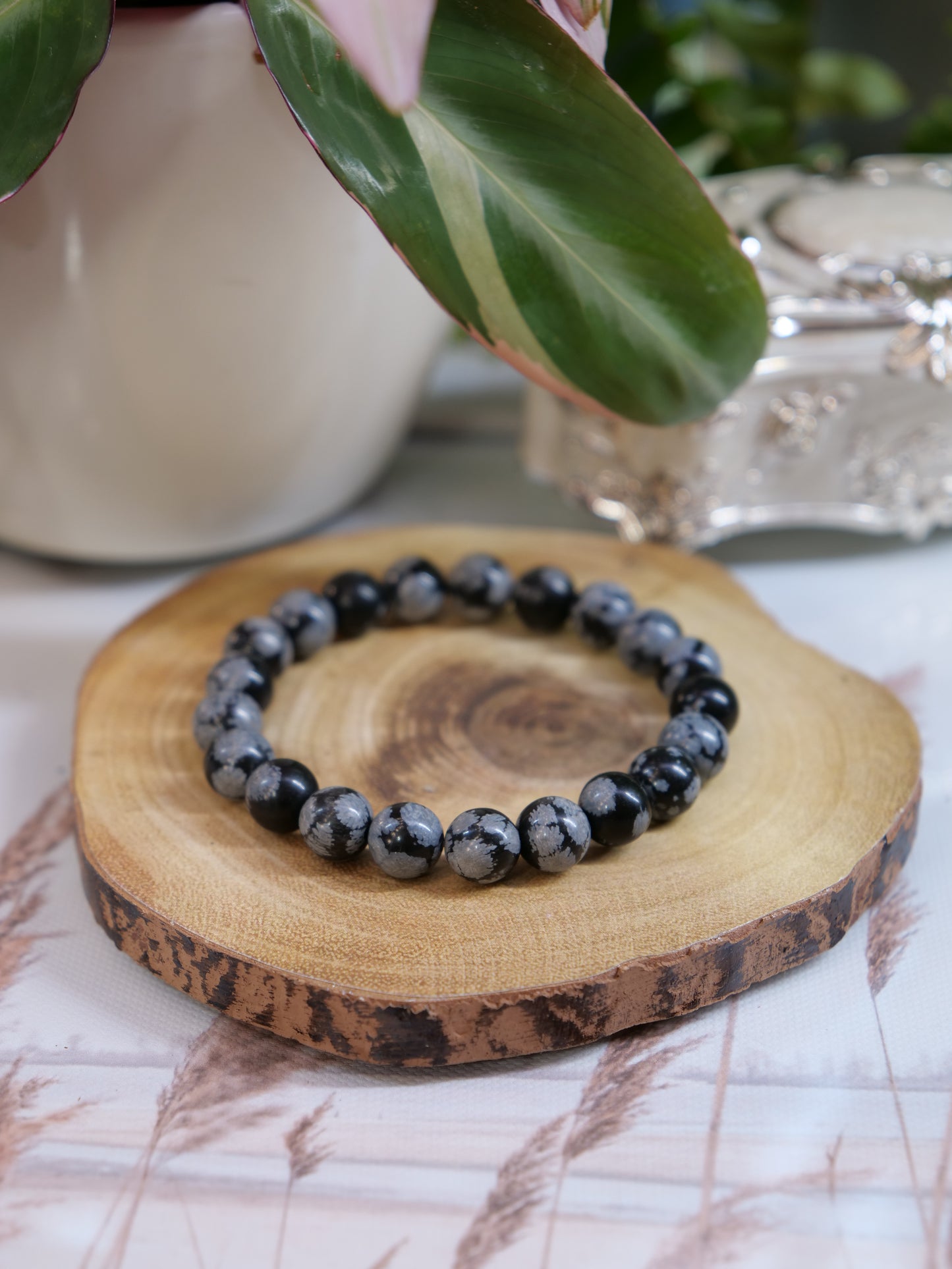 Black Snowflake Obsidian 8mm Beaded Natural Gemstone Elastic Bracelet, Genuine Top Grade Gift Jewelry, Men Women Fashion Crystal Energy Jewellery