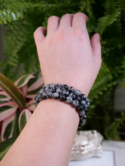 Black Snowflake Obsidian 8mm Beaded Natural Gemstone Elastic Bracelet, Genuine Top Grade Gift Jewelry, Men Women Fashion Crystal Energy Jewellery