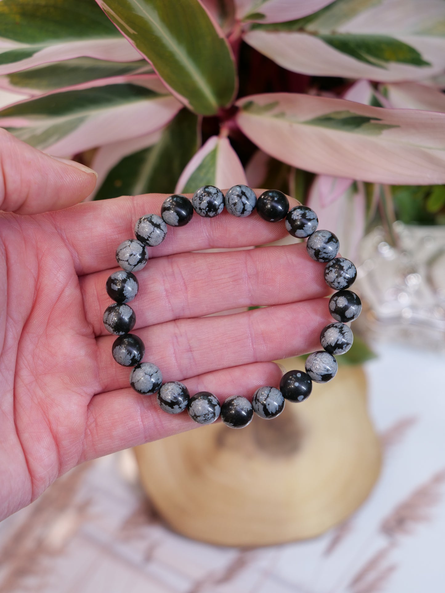 Black Snowflake Obsidian 8mm Beaded Natural Gemstone Elastic Bracelet, Genuine Top Grade Gift Jewelry, Men Women Fashion Crystal Energy Jewellery