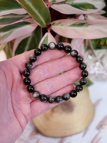 Silver Sheen Obsidian 8mm Beaded Natural Gemstone Elastic Bracelet, Genuine Top Grade Gift Jewelry, Men Women Fashion Crystal Energy Jewellery