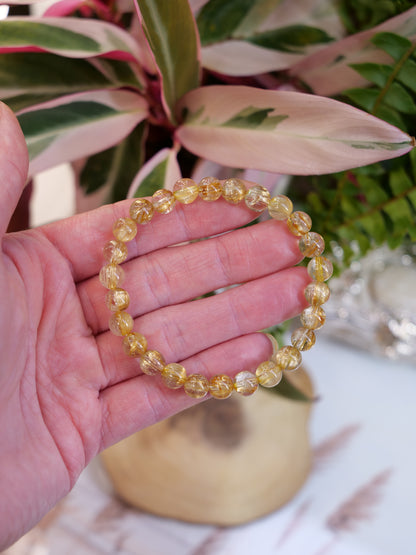 Gold Rutilated Quartz 7mm Beaded Natural Gemstone Elastic Bracelet, Genuine Top Grade Gift Jewelry, Men Women Fashion Crystal Energy Jewellery