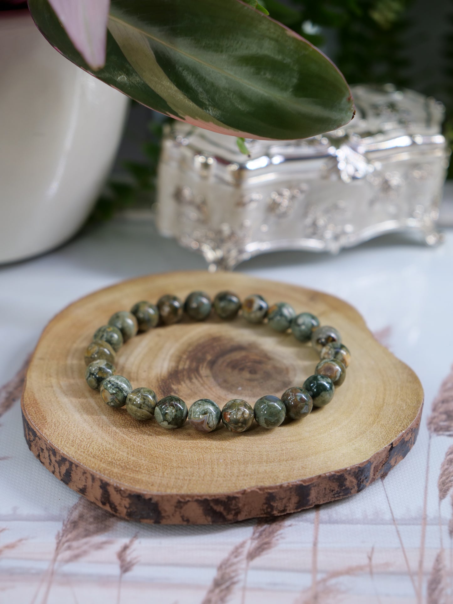 Rhyolite 8mm Beaded Natural Gemstone Elastic Bracelet, Genuine Top Grade Gift Jewelry, Men Women Fashion Crystal Energy Jewellery