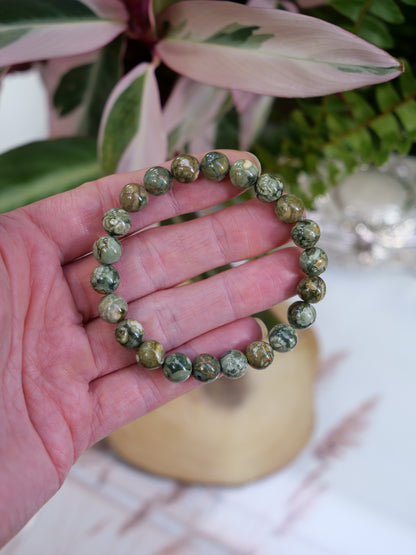 Rhyolite 8mm Beaded Natural Gemstone Elastic Bracelet, Genuine Top Grade Gift Jewelry, Men Women Fashion Crystal Energy Jewellery