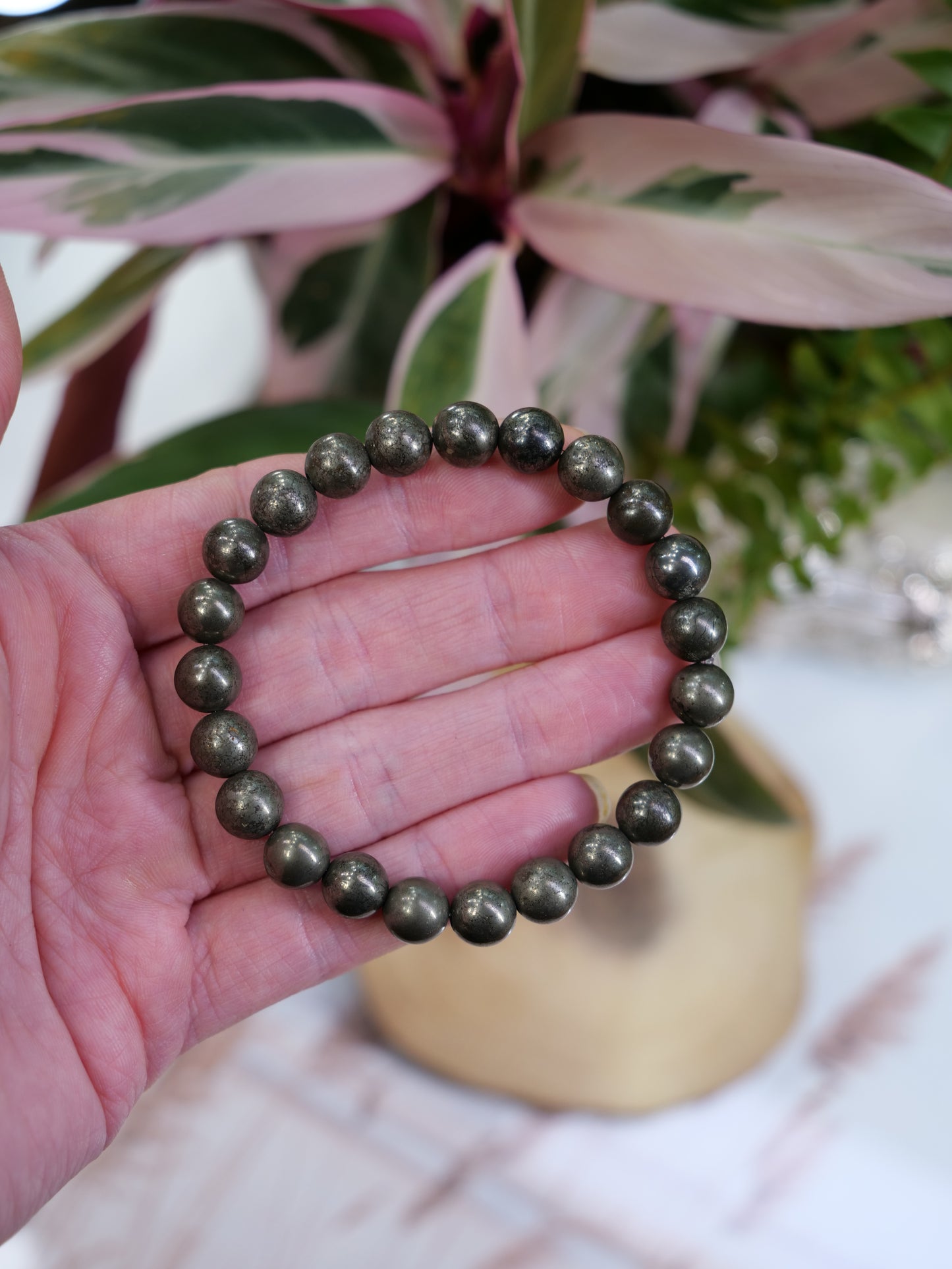 Pyrite 8mm Beaded Natural Gemstone Elastic Bracelet, Genuine Top Grade Gift Jewelry, Men Women Fashion Crystal Energy Jewellery