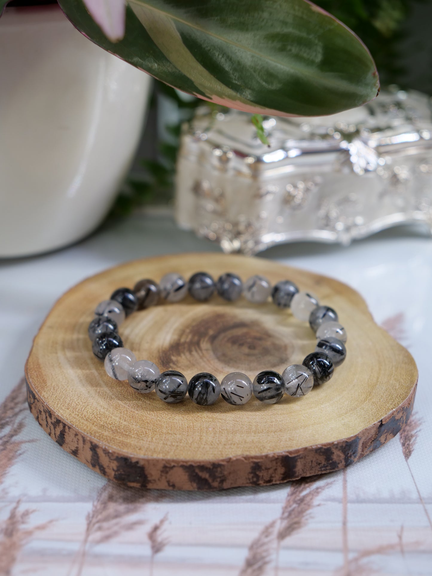 Black Rutilated Quartz 8mm Beaded Natural Gemstone Elastic Bracelet, Genuine Top Grade Gift Jewelry, Men Women Fashion Crystal Energy Jewellery