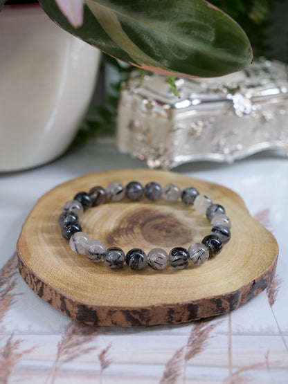 Black Rutilated Quartz 8mm Beaded Natural Gemstone Elastic Bracelet, Genuine Top Grade Gift Jewelry, Men Women Fashion Crystal Energy Jewellery