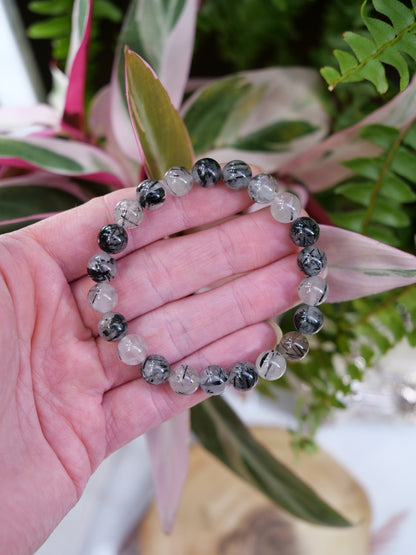 Black Rutilated Quartz 8mm Beaded Natural Gemstone Elastic Bracelet, Genuine Top Grade Gift Jewelry, Men Women Fashion Crystal Energy Jewellery