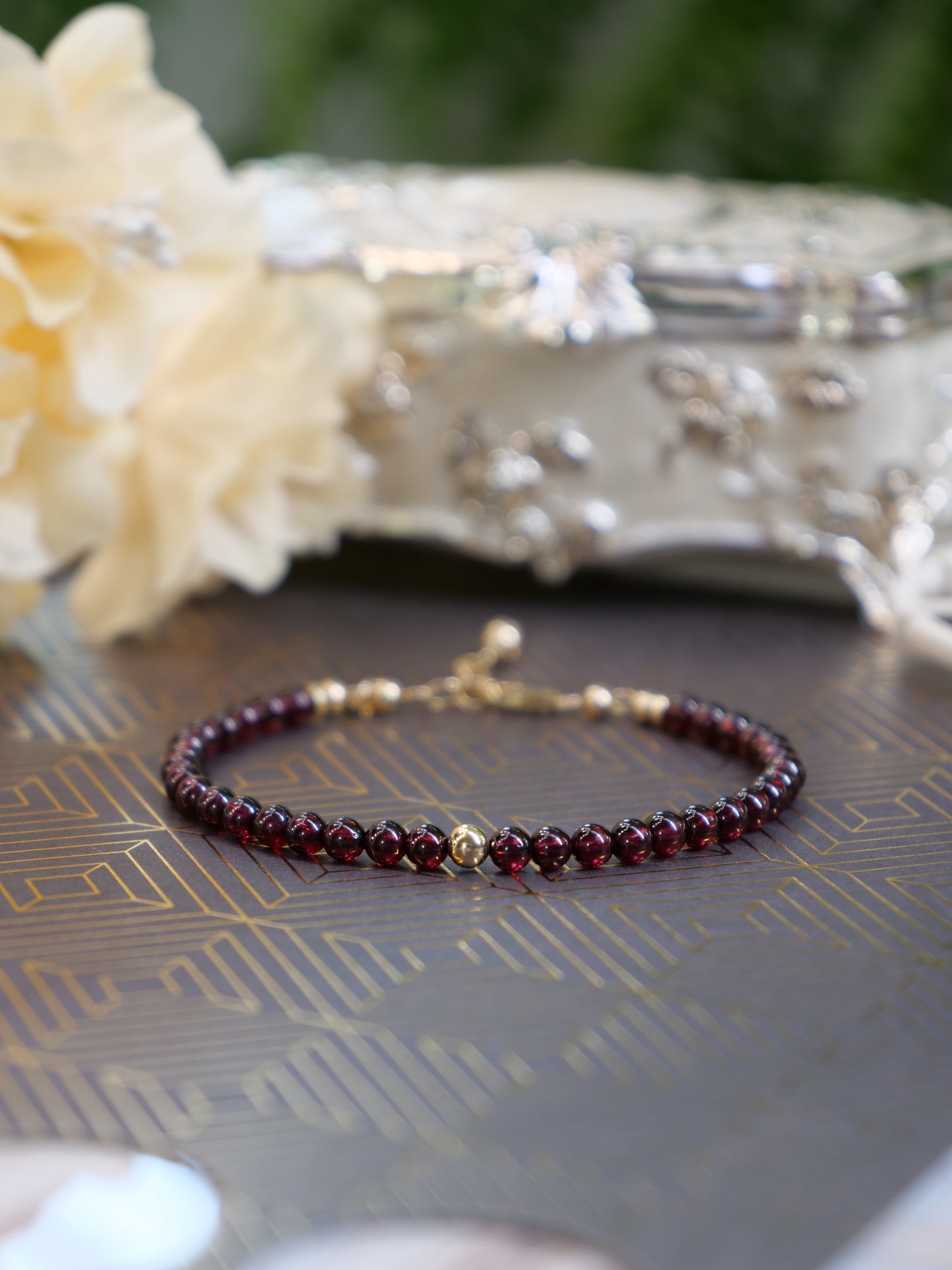 Pyrope Garnet 4mm Beaded Natural Gemstone Sterling Silver/14ct Gold Filled Bracelet, Genuine Top Grade Gift Jewelry, Women Fashion Jewellery