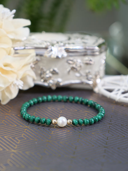 Malachite 4mm & Freshwater Pearl Beaded Natural Gemstone Sterling Silver/14ct Gold Filled Elastic Bracelet, Genuine Top Grade Gift Jewelry, Women Fashion Jewellery