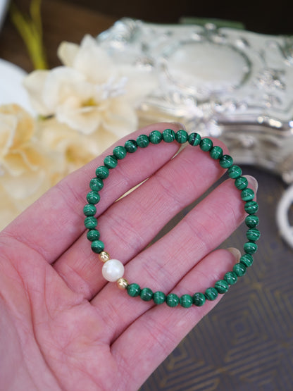 Malachite 4mm & Freshwater Pearl Beaded Natural Gemstone Sterling Silver/14ct Gold Filled Elastic Bracelet, Genuine Top Grade Gift Jewelry, Women Fashion Jewellery