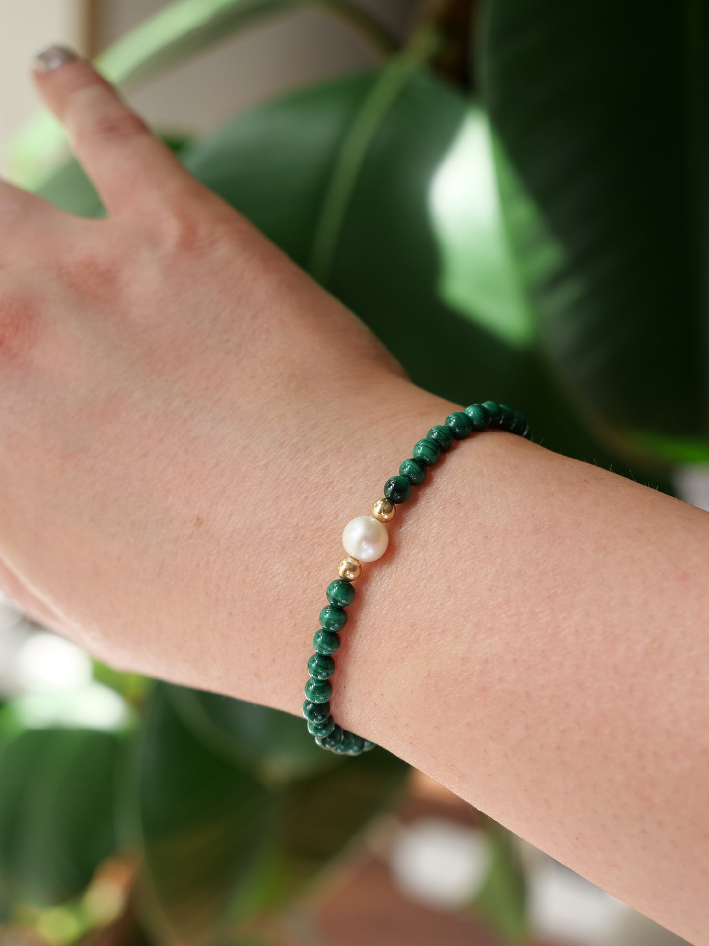 Malachite 4mm & Freshwater Pearl Beaded Natural Gemstone Sterling Silver/14ct Gold Filled Elastic Bracelet, Genuine Top Grade Gift Jewelry, Women Fashion Jewellery