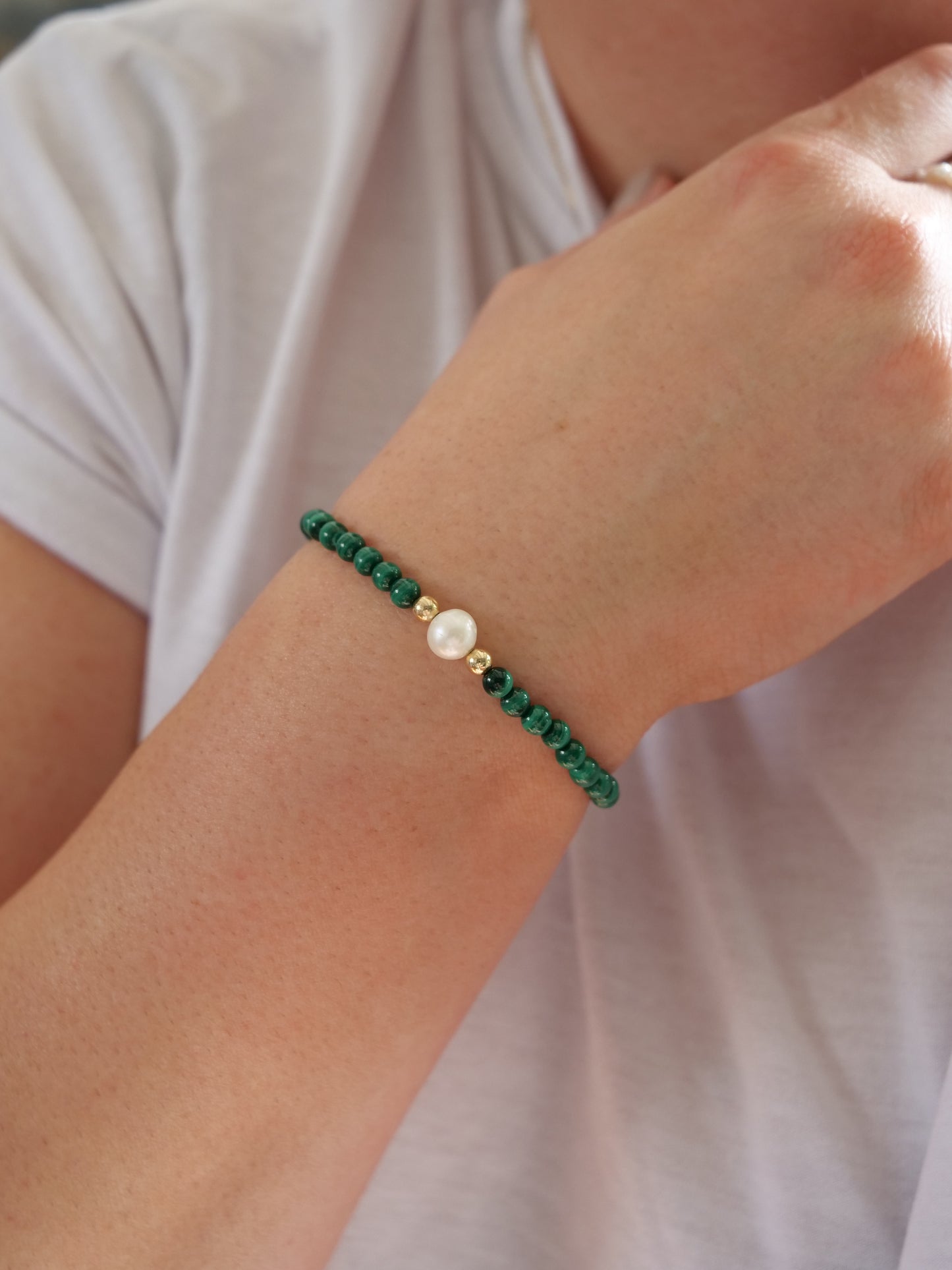 Malachite 4mm & Freshwater Pearl Beaded Natural Gemstone Sterling Silver/14ct Gold Filled Elastic Bracelet, Genuine Top Grade Gift Jewelry, Women Fashion Jewellery