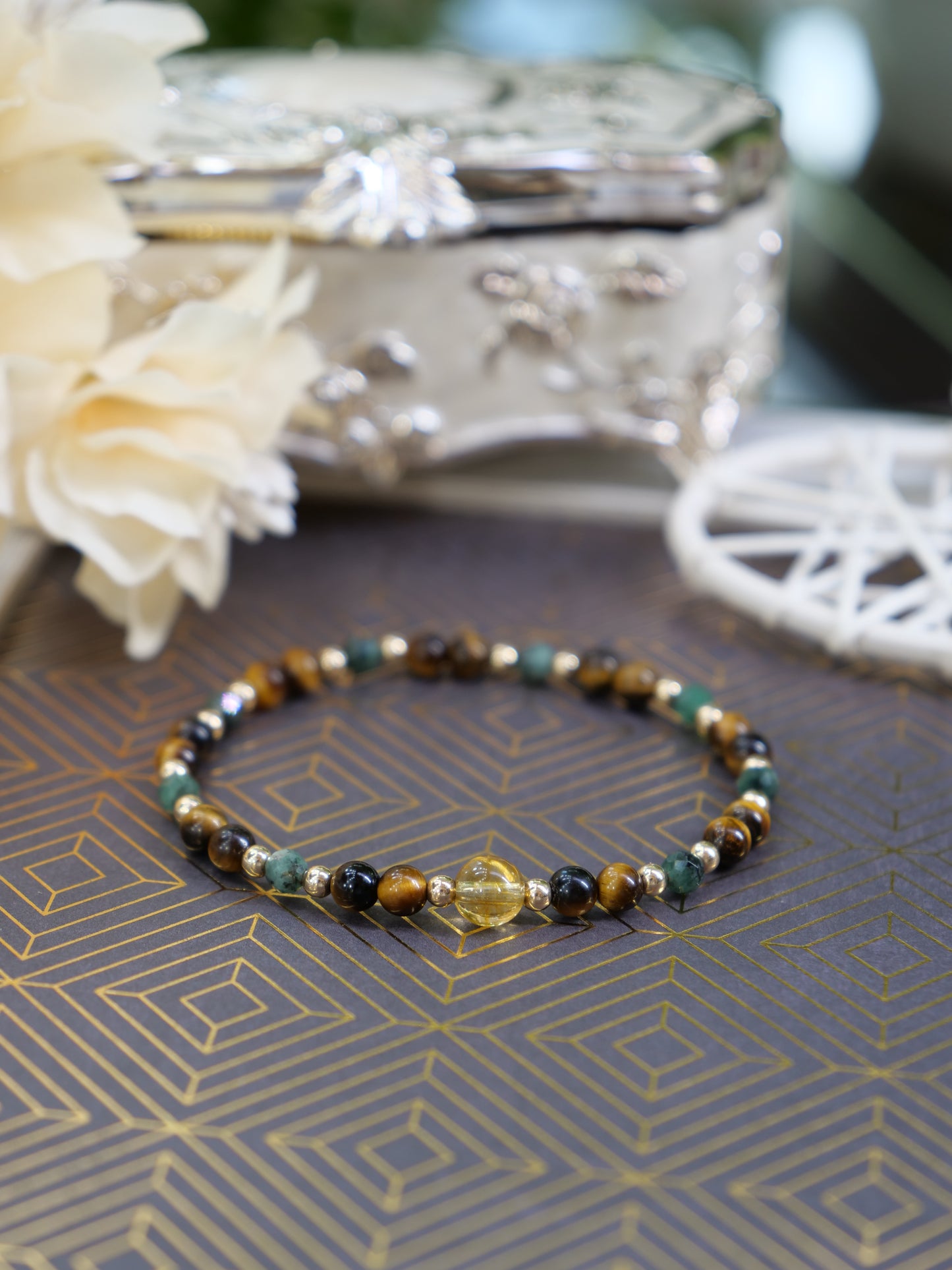 Tiger's Eye Emerald Citrine 4mm Beaded Natural Gemstone Sterling Silver/14ct Gold Filled Elastic Bracelet, Genuine Top Grade Gift Jewelry, Women Vintage Fashion Jewellery