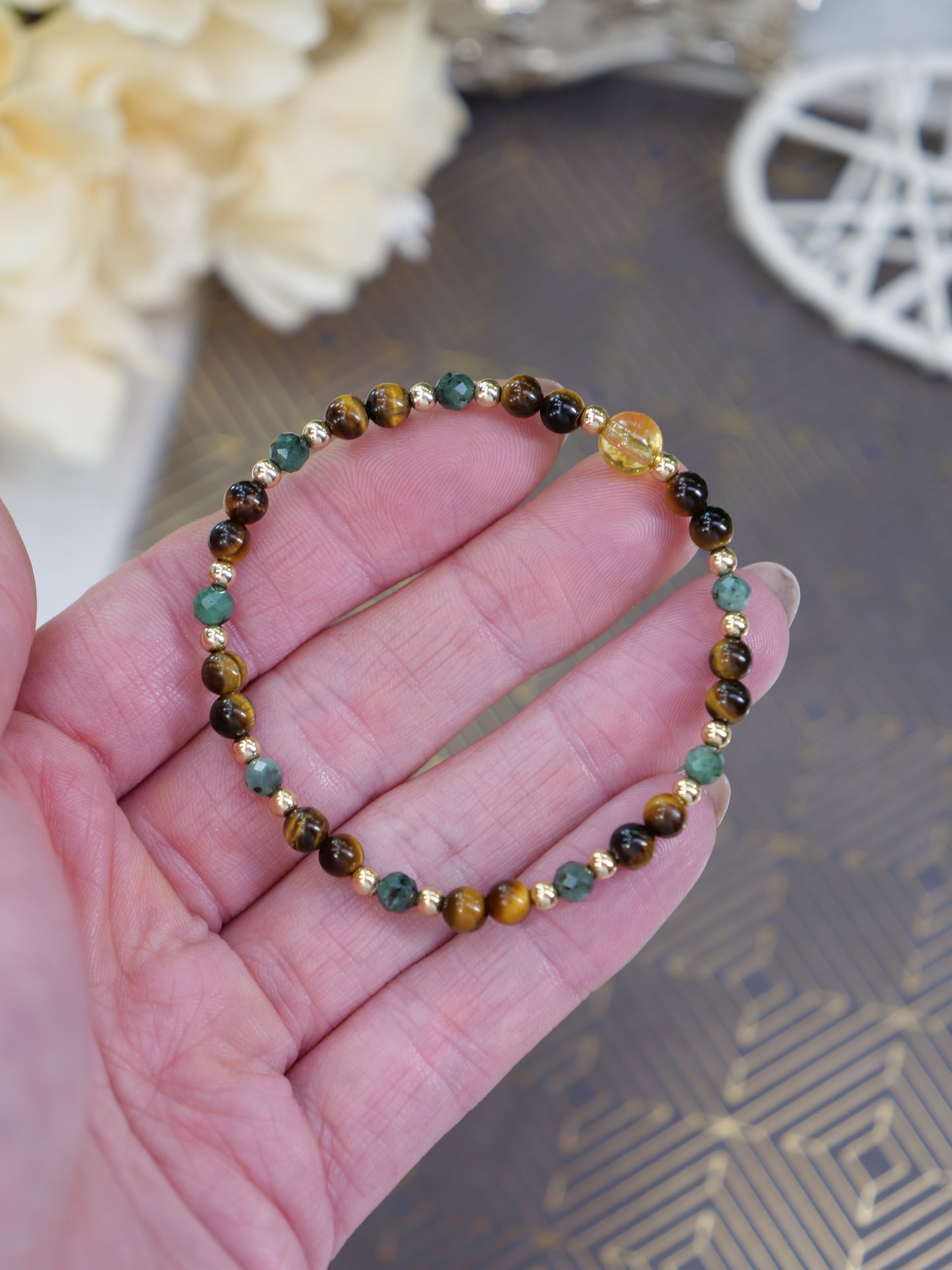 Tiger's Eye Emerald Citrine 4mm Beaded Natural Gemstone Sterling Silver/14ct Gold Filled Elastic Bracelet, Genuine Top Grade Gift Jewelry, Women Vintage Fashion Jewellery