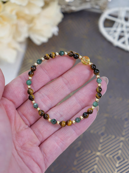 Tiger's Eye Emerald Citrine 4mm Beaded Natural Gemstone Sterling Silver/14ct Gold Filled Elastic Bracelet, Genuine Top Grade Gift Jewelry, Women Vintage Fashion Jewellery