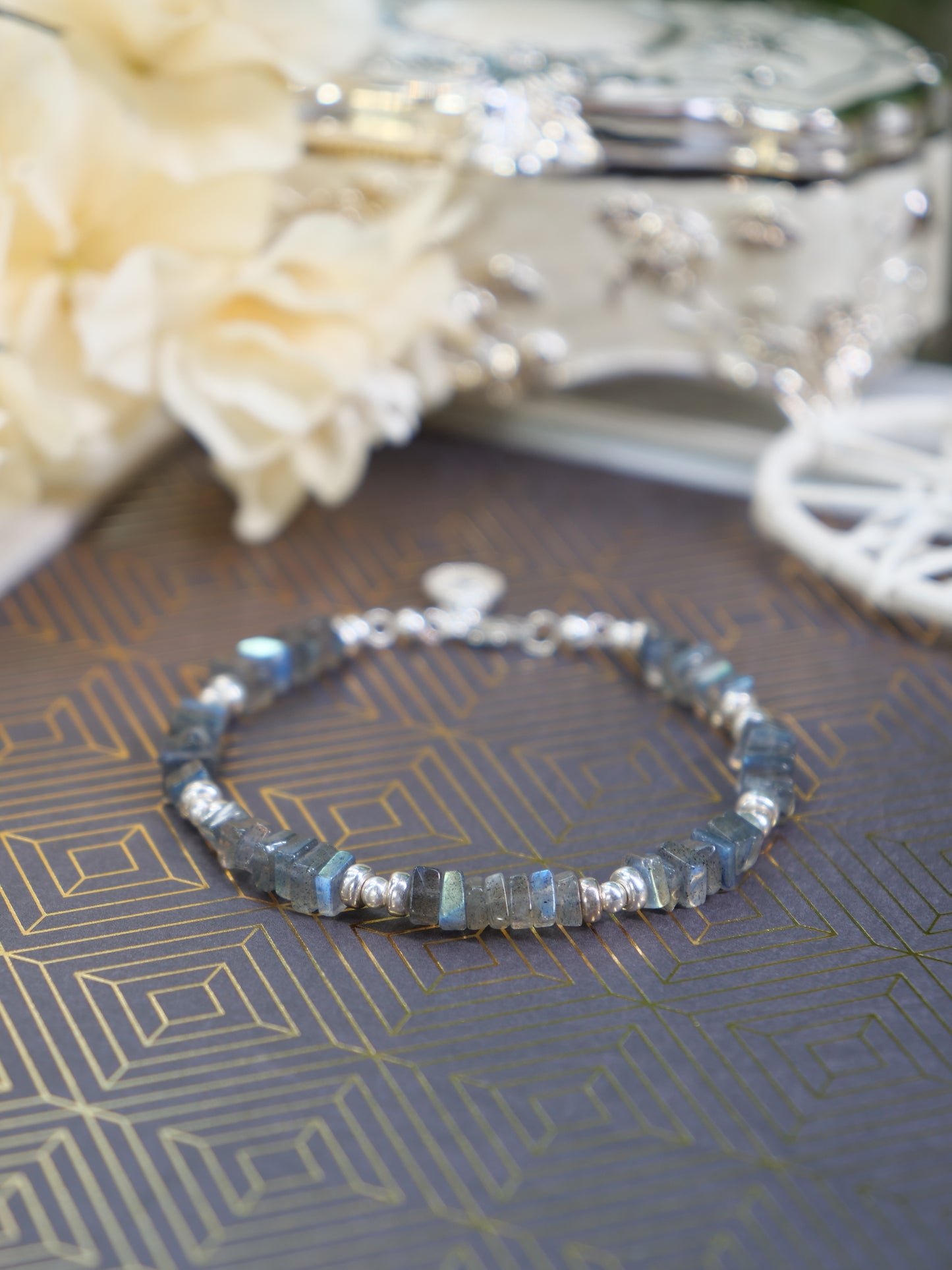 Labradorite 6mm Beaded Natural Gemstone Sterling Silver Bracelet, Genuine Top Grade Gift Jewelry, Women Fashion Jewellery