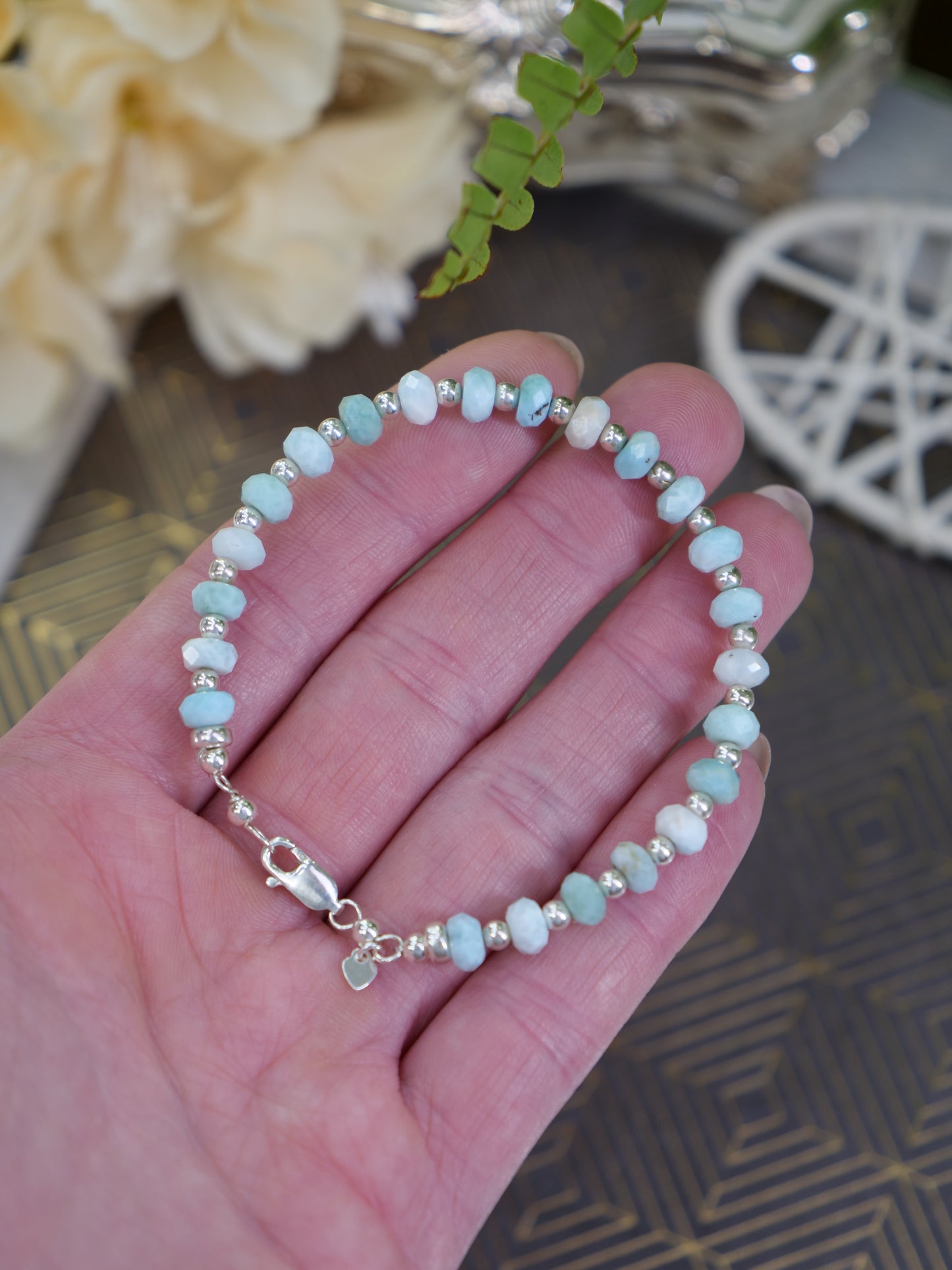 Dominican Larimar 5mm Beaded Natural Gemstone Sterling Silver Bracelet, Genuine Top Grade Gift Jewelry, Women Fashion Jewellery