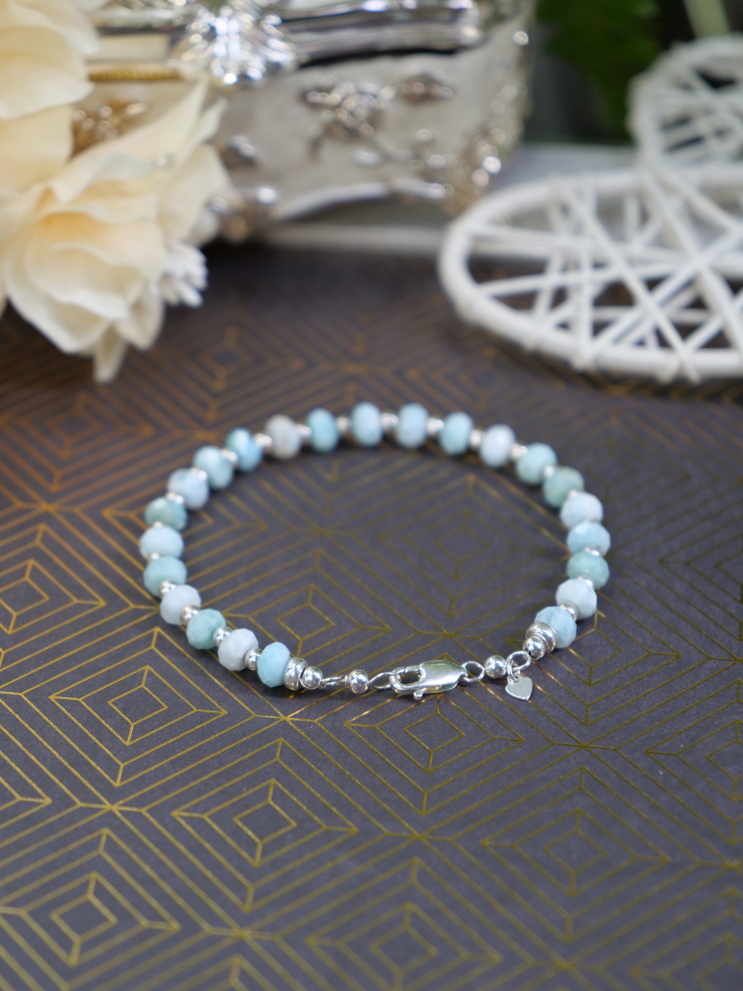 Dominican Larimar 5mm Beaded Natural Gemstone Sterling Silver Bracelet, Genuine Top Grade Gift Jewelry, Women Fashion Jewellery