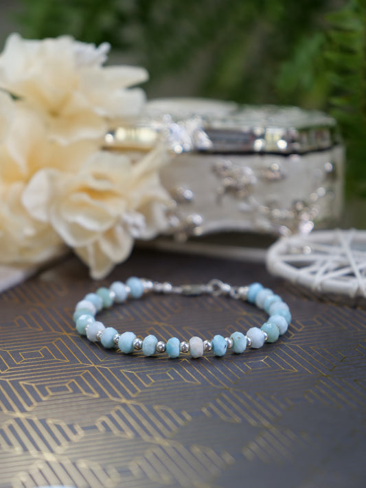 Dominican Larimar 5mm Beaded Natural Gemstone Sterling Silver Bracelet, Genuine Top Grade Gift Jewelry, Women Fashion Jewellery