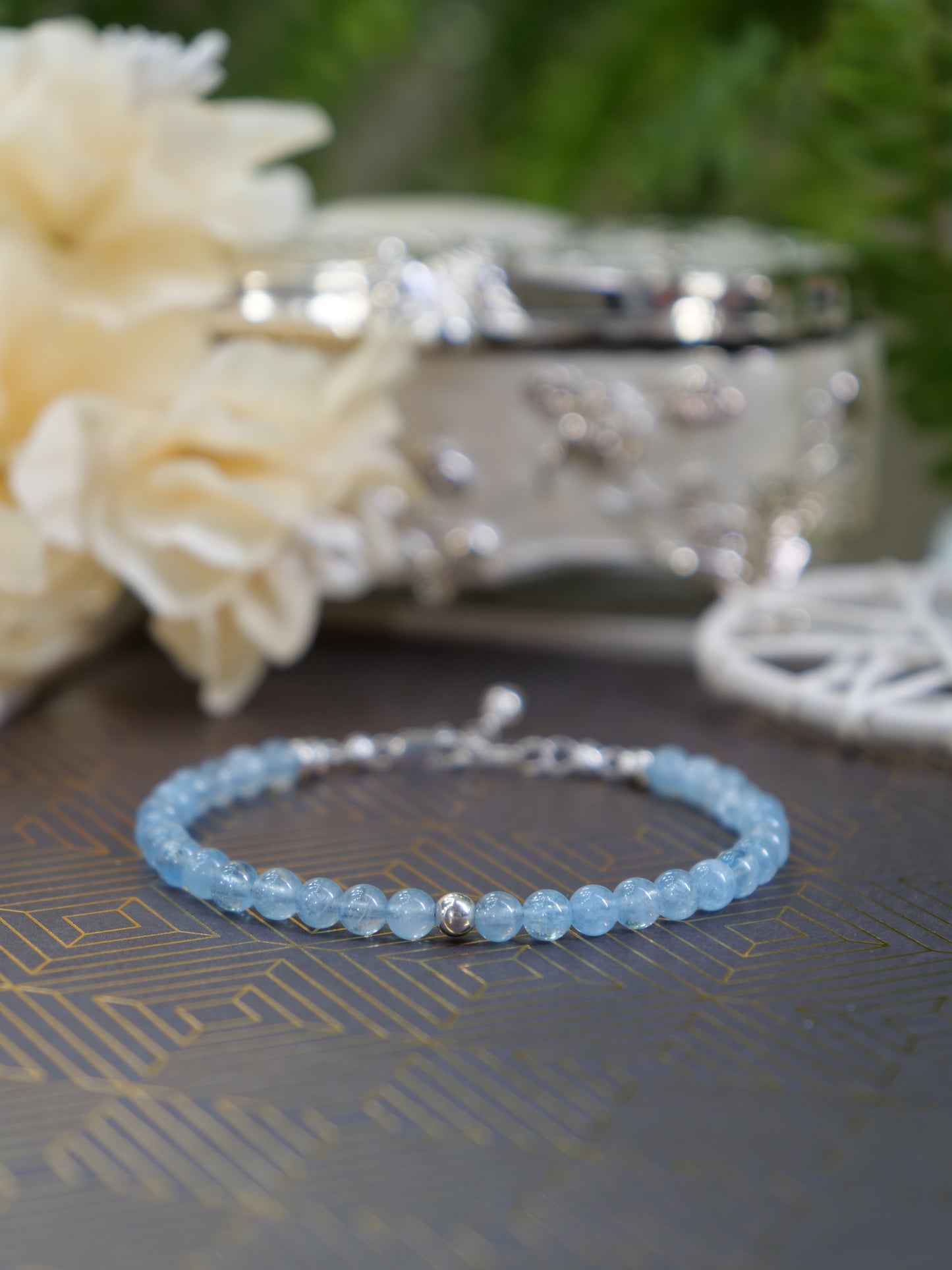 Aquamarine 4mm Beaded Natural Gemstone Sterling Silver/14ct Gold Filled Bracelet, Genuine Top Grade Gift Jewelry, Women Fashion Jewellery