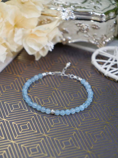 Aquamarine 4mm Beaded Natural Gemstone Sterling Silver/14ct Gold Filled Bracelet, Genuine Top Grade Gift Jewelry, Women Fashion Jewellery